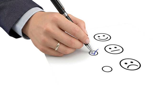 顧客満足度評価の三段階フェイスアイコンで普通評価にチェックを入れるビジネスパーソンの手
