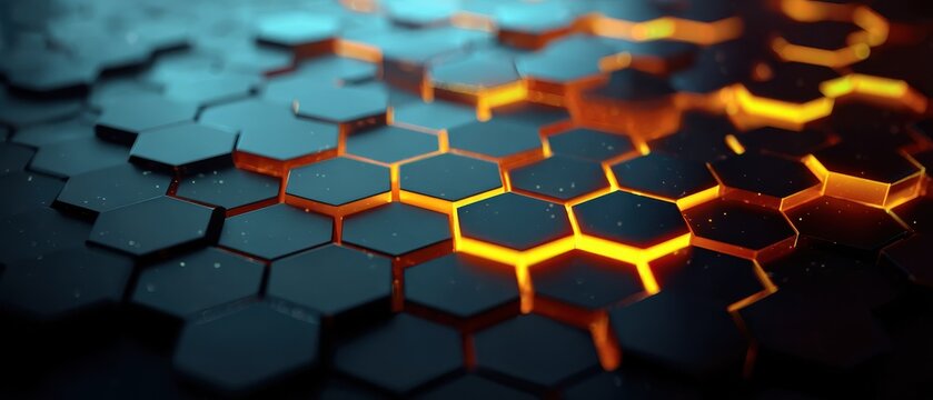 Glowing hexagon abstract texture, digital design for game backgrounds, app splash screens, or sci-fi visuals, neon edges.