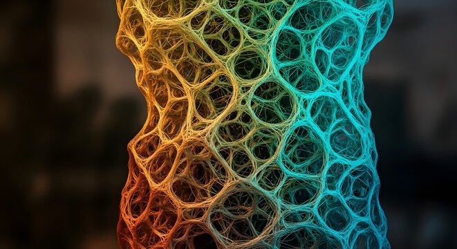 Vibrant rainbow-colored 3D mesh network structure