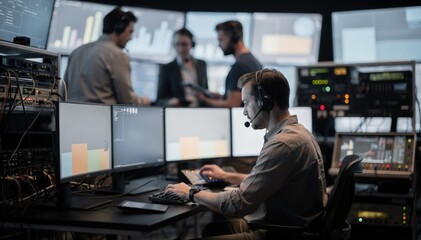 Broadcast control room technician in focus working on a clouddriven full channel backup system with other staff and equipment gently blurred behind.