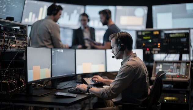 Broadcast control room technician in focus working on a clouddriven full channel backup system with other staff and equipment gently blurred behind.