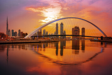 Fototapeta premium Amazing Dubai city center at sunrise, Dubai, United Arab Emirates