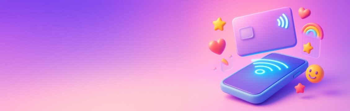 Digital payment mobile phone and credit card with emoji icons on pink purple gradient background for promotion, advertising or banner template. Ai generative