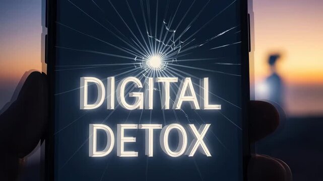 Silhouette of a woman meditating at sunset beside the sea, smartphone with cracked screen displaying a "digital detox" message in the foreground