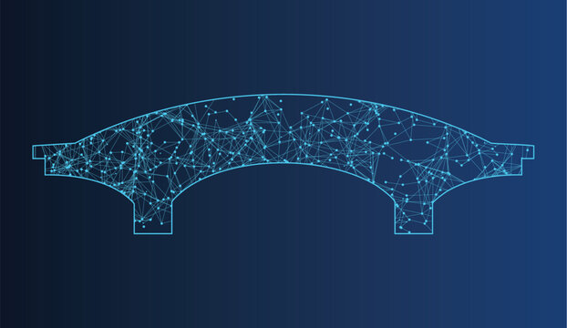 Sleek blue abstract bridge concept showing interconnected glowing digital network nodes