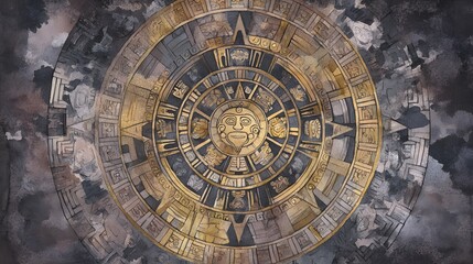 Obraz premium Mystical Aztec Calendar Stone Watercolor Illustration Ancient Temple History Artistic Detail