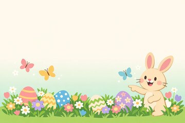 Fototapeta premium Cute Easter Bunny and Eggs Spring Grass Border Background