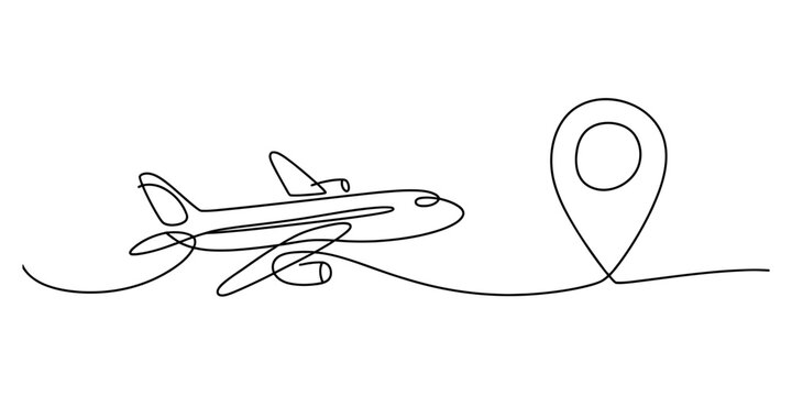 Airplane flying to destination, one line drawing