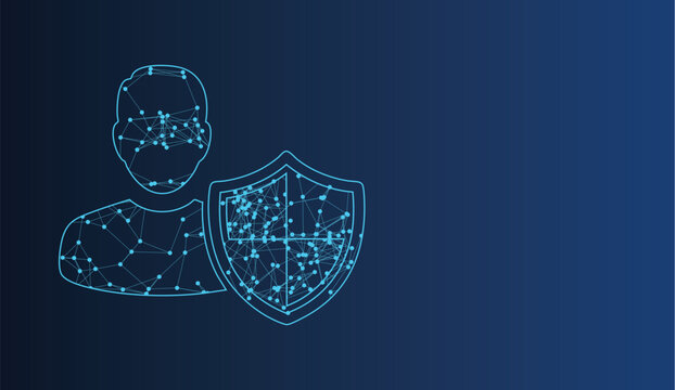 Digital network security concept featuring a person icon and protective shield emblem