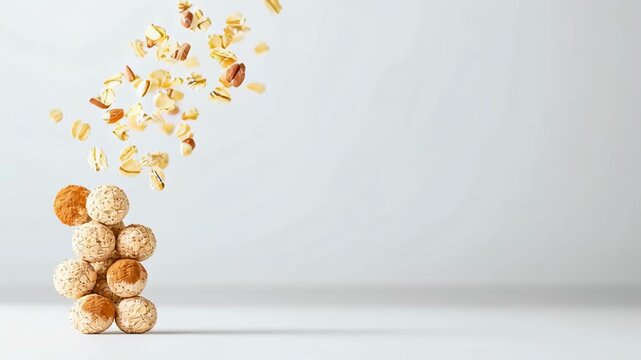 Oat cookie stack cereal nut grain energy snack splash minimal food art playful display