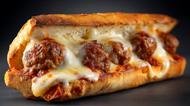 A delicious meatball sub sandwich with melted cheese on a dark surface