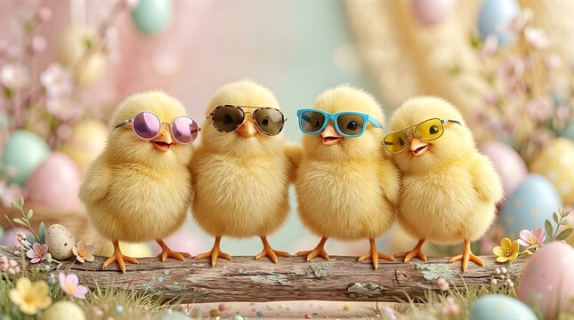 Cute yellow chicks in bright sunglasses pose on a log amid colorful Easter eggs.