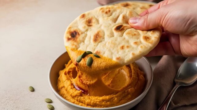 Hand lifting flatbread to dip into creamy pumpkin hummus garnished with pumpkin seeds in a bowl on a neutral tabletop with spoon nearby