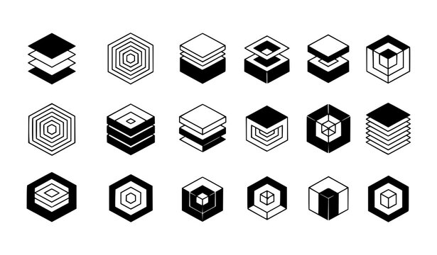Isometric cube vector set 20 designs black and white geometric architecture symbols