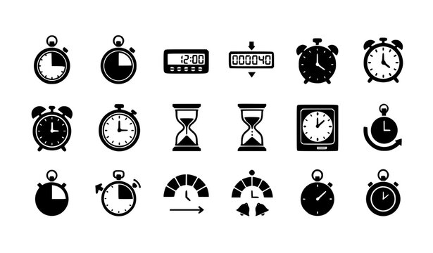 Timers and stopwatch icon set black vector countdown clock flat symbols collection