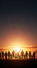 Fototapeta premium Silhouetted Group of People Celebrating at Sunset in Warm Glow