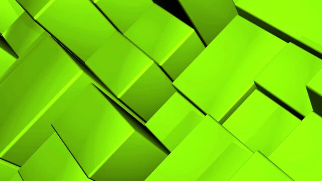 3D lime green cubes shifting and rotating in a dense abstract pattern with soft reflections.