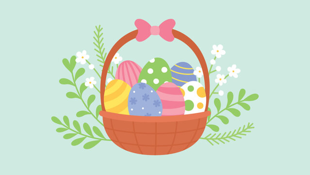 colorful easter basket with floral for easter holiday flyer, poster and greeting card