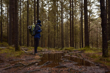 Fototapeta premium Hiker with backpack stands by a forest puddle, surrounded by tall pine trees and mossy ground. Moody outdoor adventure scene capturing the peaceful solitude of nature trekking in a dense woodland.