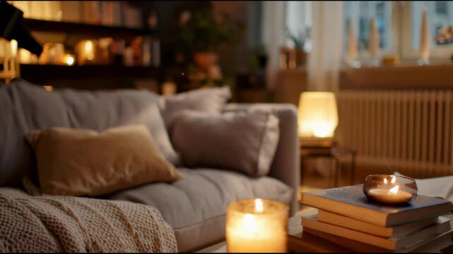 Minimalist living room with warm light and lamp inspired by contemporary European design emphasize simplicity and elegance.