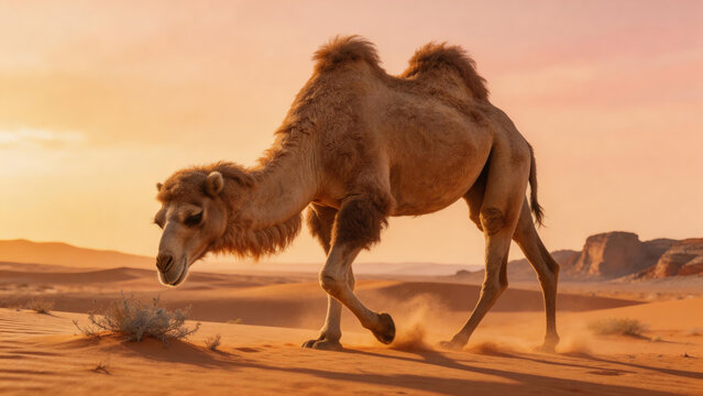 Wildlife Bactrian Camel Wild Life in the Gobi Desert Camelus Ferus Desert Mongolia Sunset Stand Walk