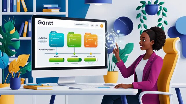 African american woman analyzes gantt chart data for project automation and efficiency in a modern office setting