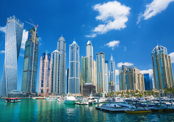 Obraz premium Aerial View of Dubai Marina Skyline, Luxury Waterfront Hotels and Residential Towers, UAE