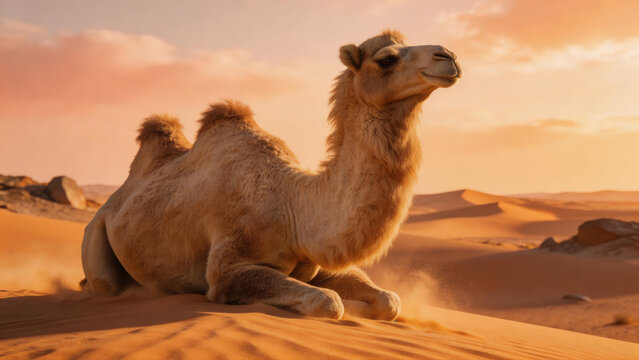 Wildlife Bactrian Camel Wild Life in the Gobi Desert Camelus Ferus Desert Mongolia Sunset Sitting