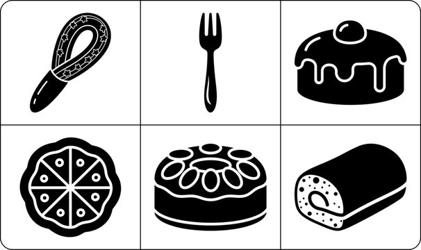 A set of six food icons in black and white silhouette mode, featuring a sausage, fork, cake, pizza, sushi roll, and another type of cake, arranged in two rows of three.