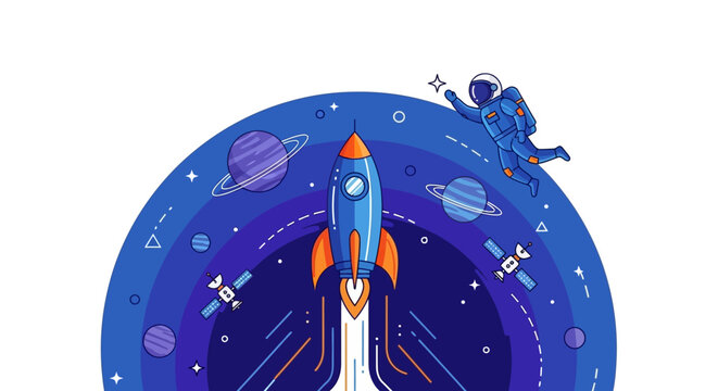 Cartoon astronaut floating in space with rocket ship blasting off