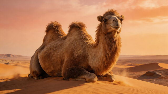 Wildlife Bactrian Camel Wild Life in the Gobi Desert Camelus Ferus Desert Mongolia Sunset Sitting