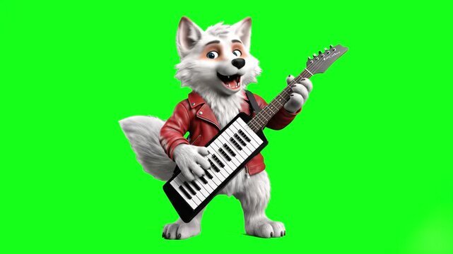 A funny 3D wolf wearing a red leather jacket performs on a keytar instrument against a chroma key green background. Perfect for humorous music videos, kids' content, or creative advertisements.