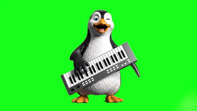 A cheerful, stylized 3D animated penguin with a winking expression, playing a white and black musical keyboard. The character is standing and performing against a vibrant chroma key green background.