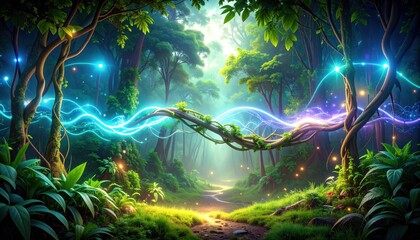 Obraz premium Intertwined Energy Streams Flowing Through a Magical Enchanted Forest Path