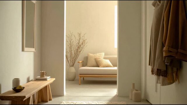 Minimal European house entrance opening into a warm and cozy interior, Soft neutral tones and natural textures create an inviting first impression.