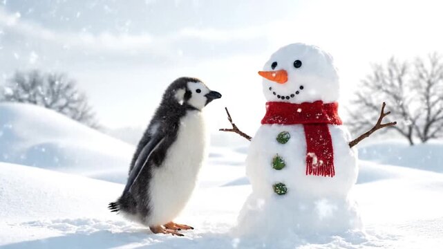 Penguin and snowman winter scene.