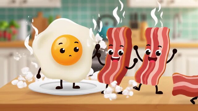 Animated bacon strips celebrate alongside fried egg character in a cartoon kitchen scene,perfect for breakfast themes and food concepts