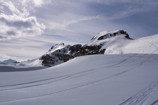 Ski ascent of Hochgamatsch mountain in the Sarganserland region of Heidiland. With views of the Hochfinsler. Ski tour in the Swiss Alps with a fantastic mountain panorama. Ski mountaineering.