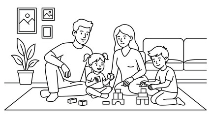 Family playing with toy blocks together on floor in living room area