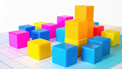 Obraz premium Assortment of Brightly Colored Plastic Cubes Representing Resources on a Gridded Surface