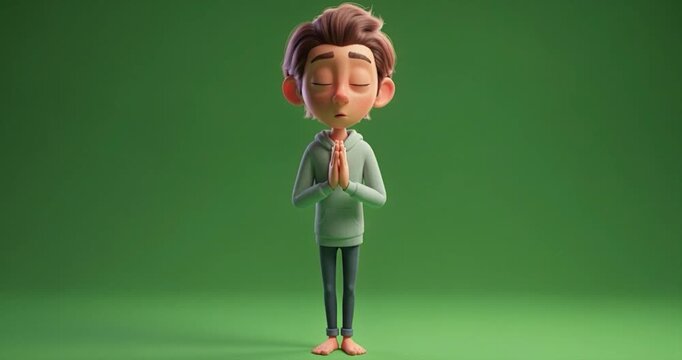 Animated character with hands clasped in prayer pose against a green backdrop
