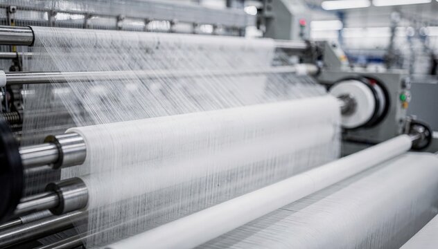 Closeup medium shot showcasing fine polyester staple fibers being spun on automated lines highlighting delicate strands and precision manufacturing.
