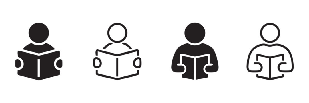 Set of four icons avatar people holding book reading concept  in silhouette and lineout style vector