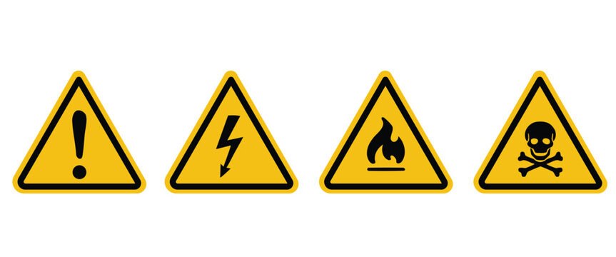 Set of four warning signs with exclamation mark, lightning bolt, flame, and skull and crossbones