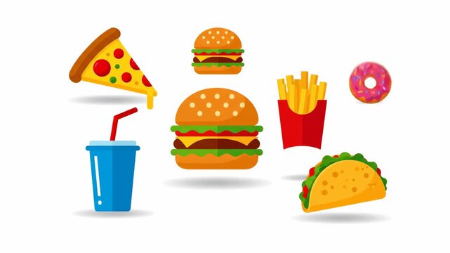 Animated fast food icons pizza burger fries taco donut and drink on white background concept for restaurant menu