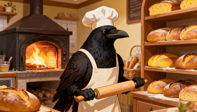 Crow baker wearing chef hat and apron holding rolling pin in traditional bakery. 