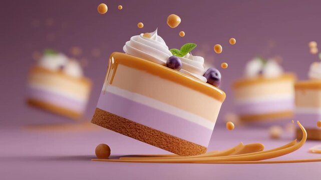 Caramel dessert cake purple cream layer whipped topping blueberry garnish colorful pastel dessert