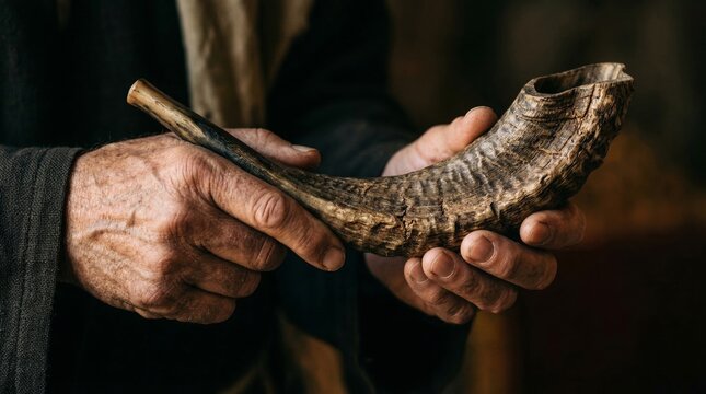 Hands Holding a Traditional Shofar Horn