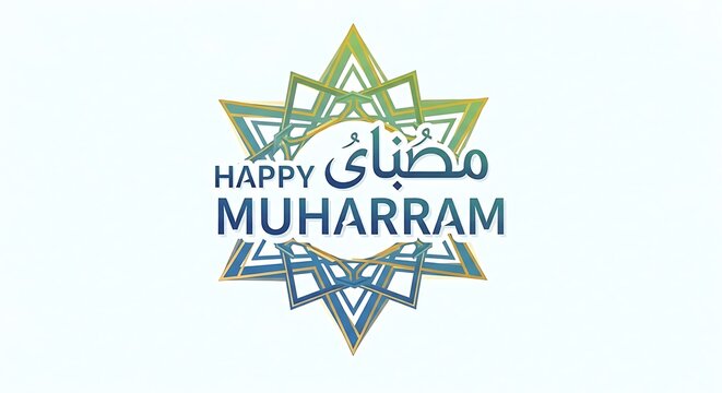 Happy muharram greeting with arabic calligraphy and geometric star pattern for islamic lunar new year festival