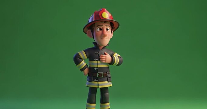 Animated firefighter character posing against green screen background
